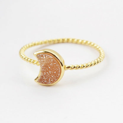 Natural Quartz Moon Bezel Ring- 24K Gold Plated