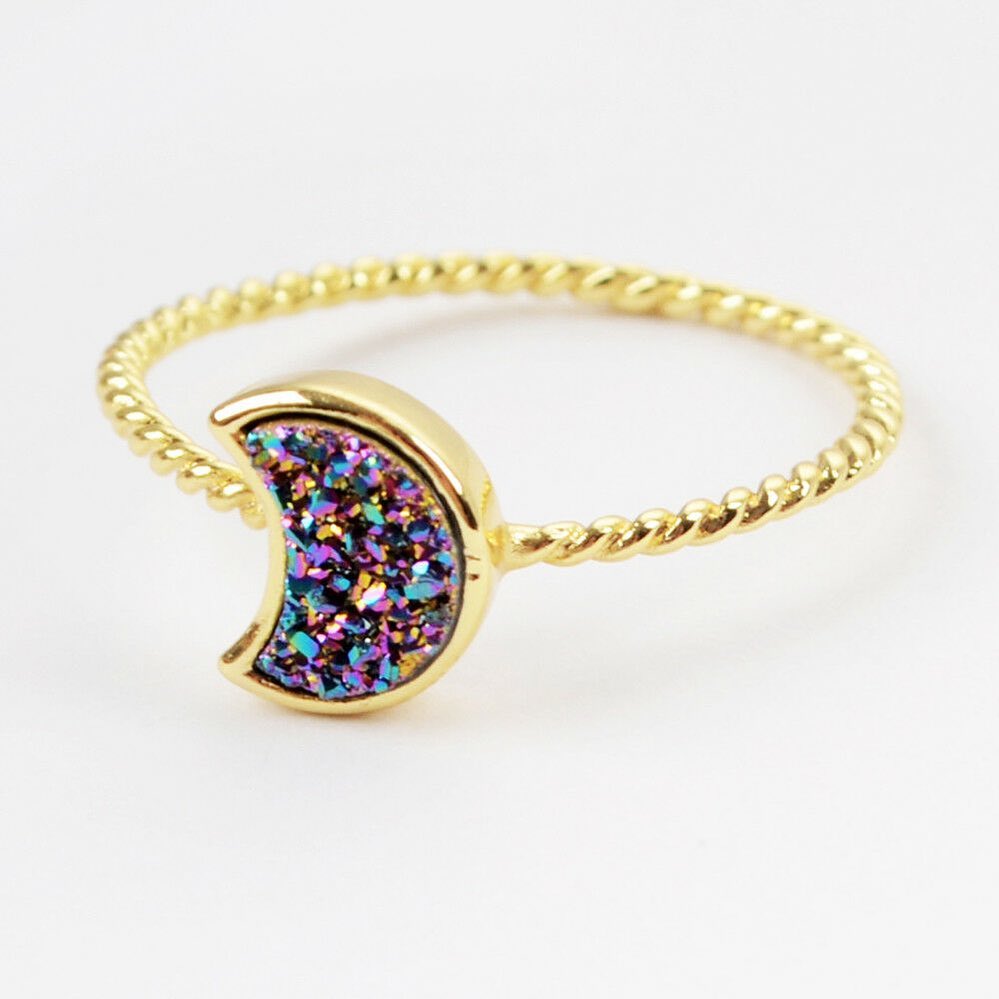 Natural Quartz Moon Bezel Ring- 24K Gold Plated
