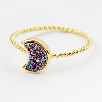 Natural Quartz Moon Bezel Ring- 24K Gold Plated