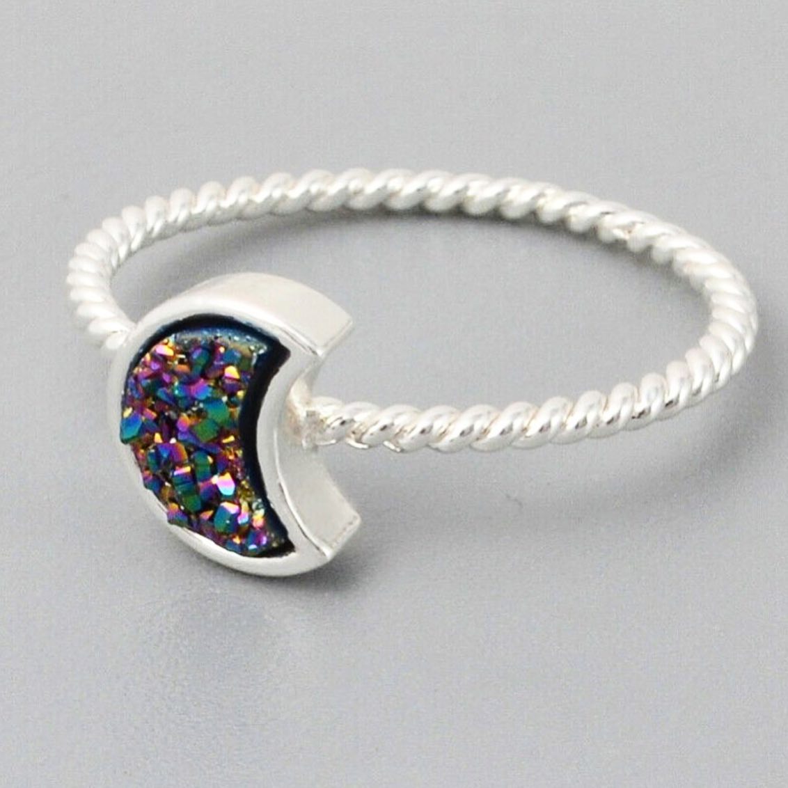 Natural Quartz Moon Bezel Ring- Silver Plated