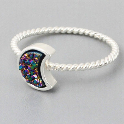 Natural Quartz Moon Bezel Ring- Silver Plated