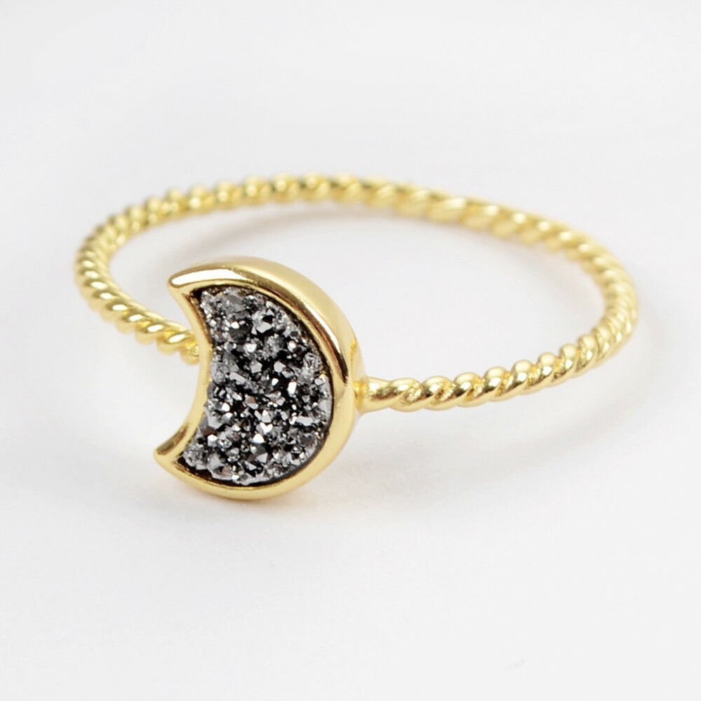 Natural Quartz Moon Bezel Ring- 24K Gold Plated