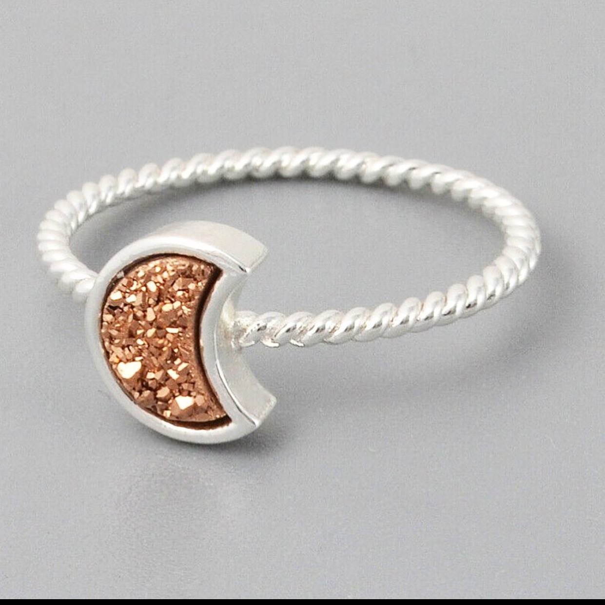 Natural Quartz Moon Bezel Ring- Silver Plated