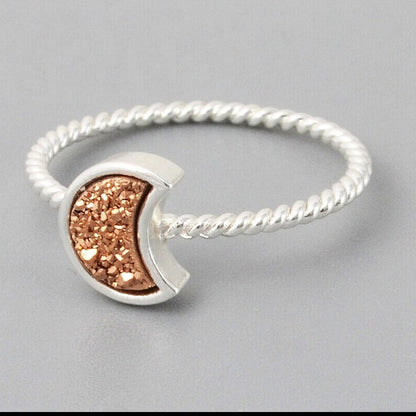 Natural Quartz Moon Bezel Ring- Silver Plated