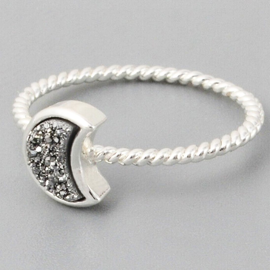 Natural Quartz Moon Bezel Ring- Silver Plated