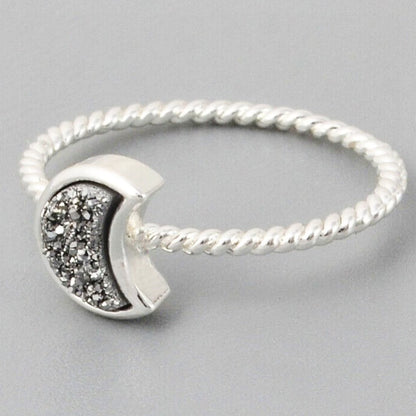 Natural Quartz Moon Bezel Ring- Silver Plated