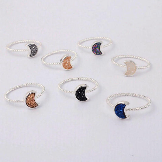 Natural Quartz Moon Bezel Ring- Silver Plated