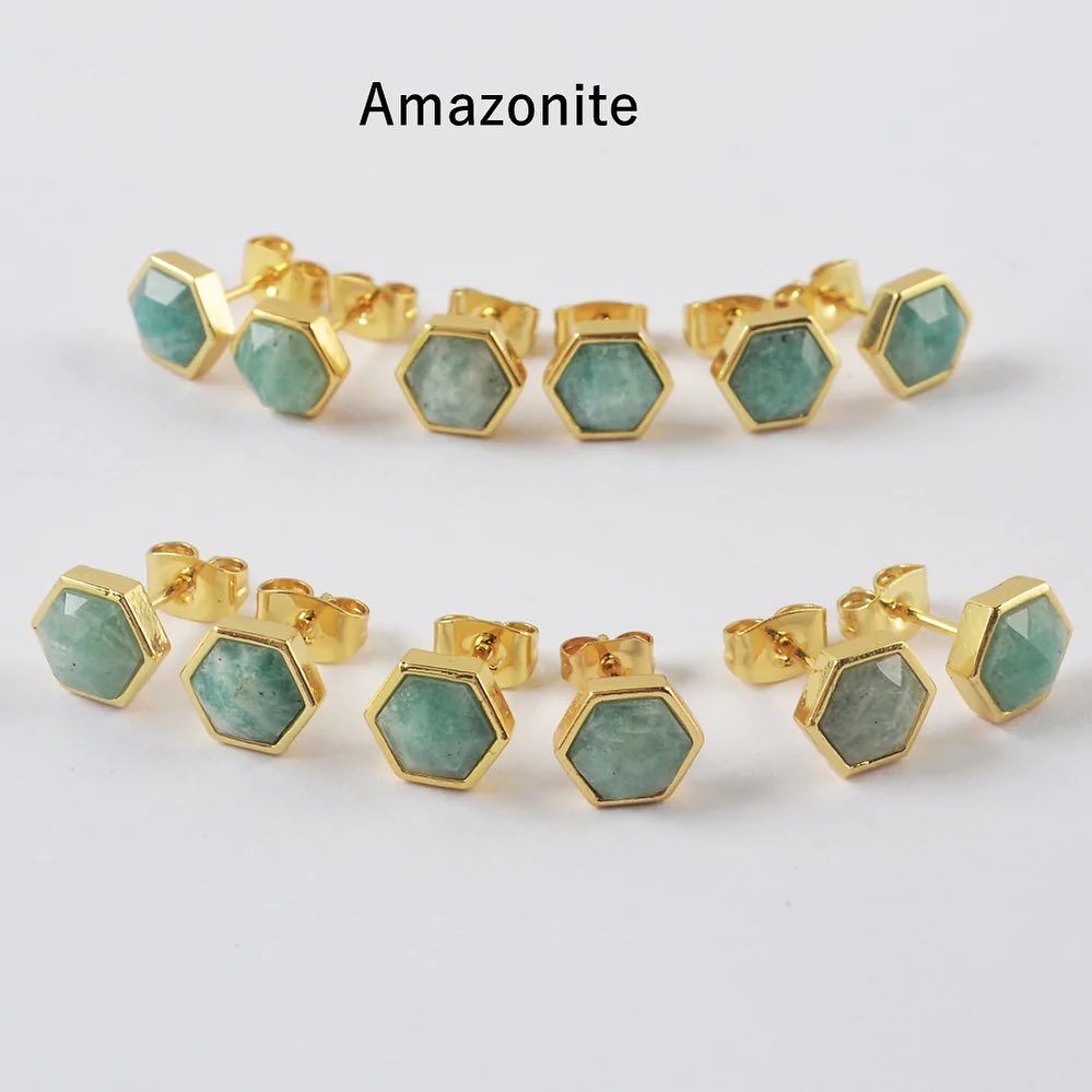 Natural Crystal Hexagon Earrings - 24K Gold Plated