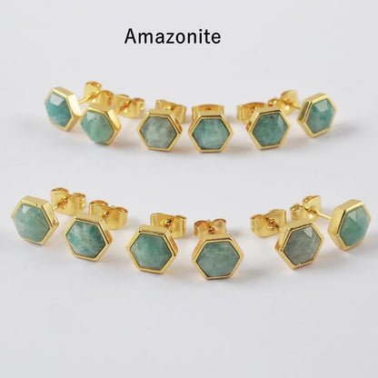 Natural Crystal Hexagon Earrings - 24K Gold Plated