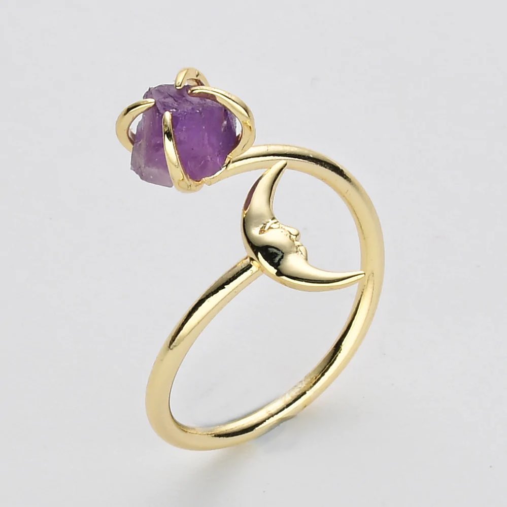 Natural Raw Crystals Small Moon Ring - 24K Gold Plated