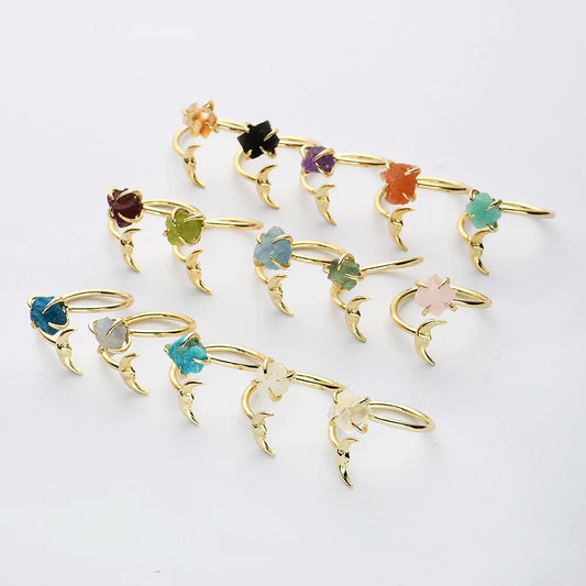 Natural Raw Crystals Small Moon Ring - 24K Gold Plated