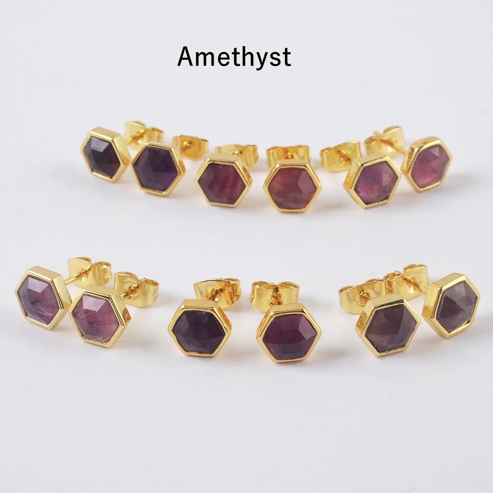 Natural Crystal Hexagon Earrings - 24K Gold Plated