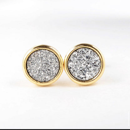 Round Natural Quartz Earrings - 24K Gold Plated