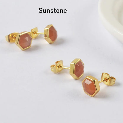 Natural Crystal Hexagon Earrings - 24K Gold Plated