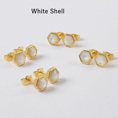 Natural Crystal Hexagon Earrings - 24K Gold Plated