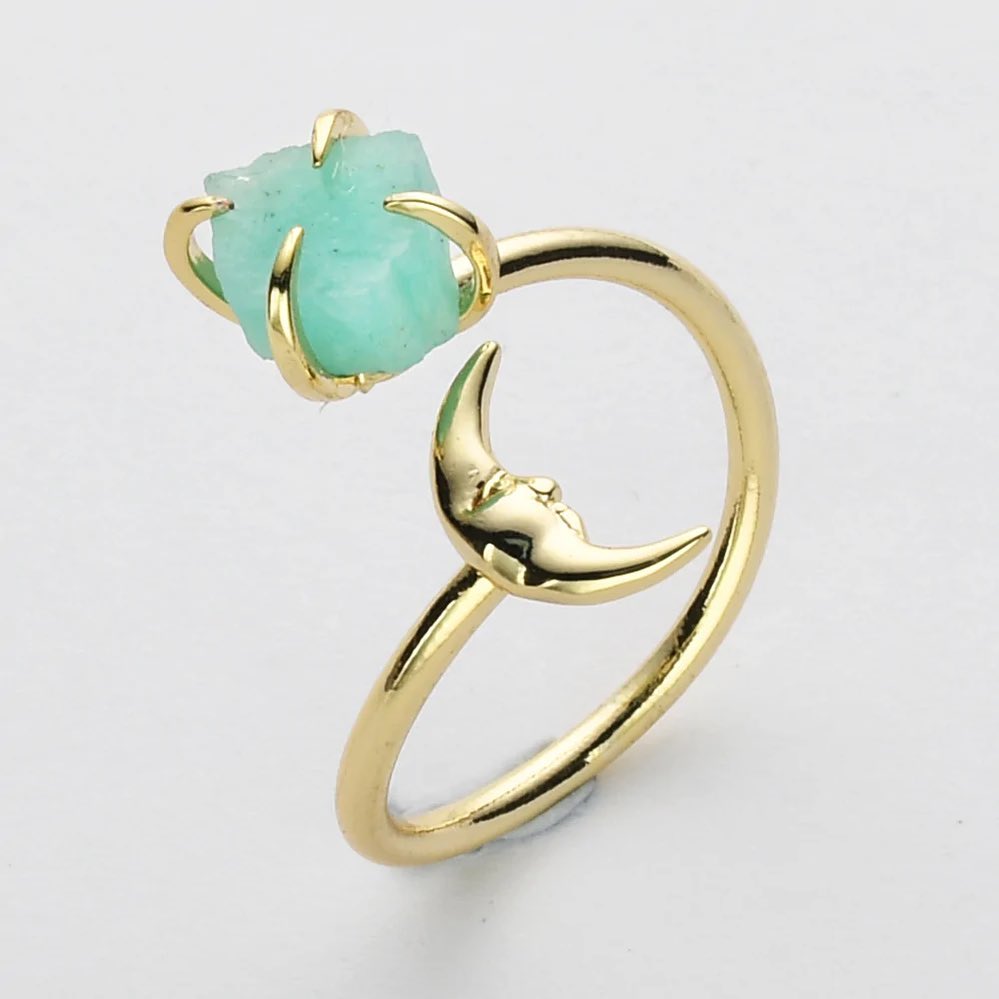 Natural Raw Crystals Small Moon Ring - 24K Gold Plated