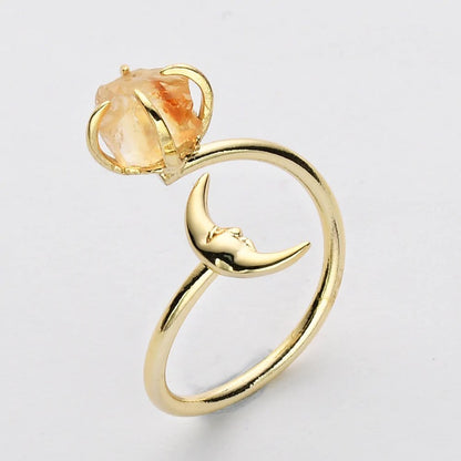 Natural Raw Crystals Small Moon Ring - 24K Gold Plated