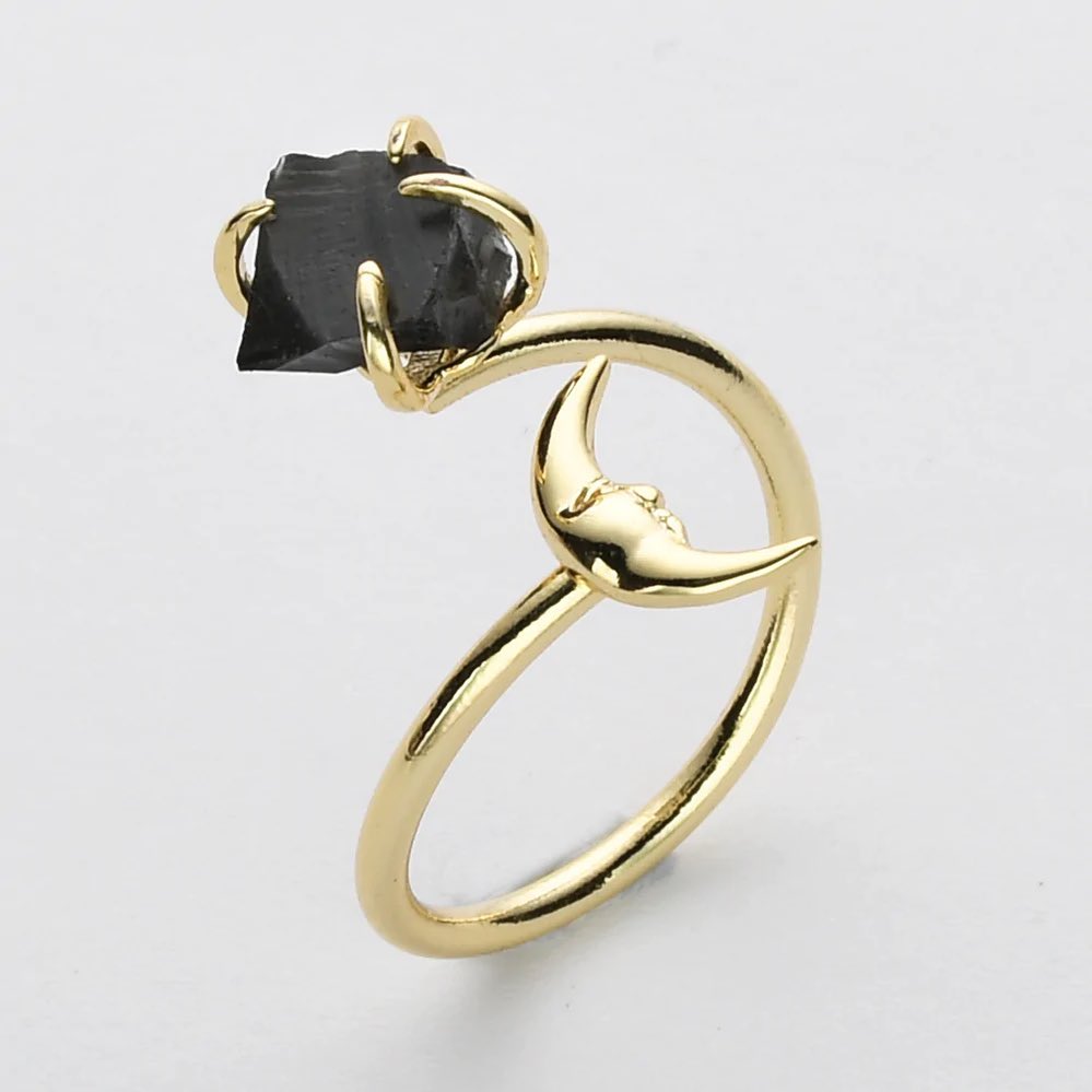 Natural Raw Crystals Small Moon Ring - 24K Gold Plated
