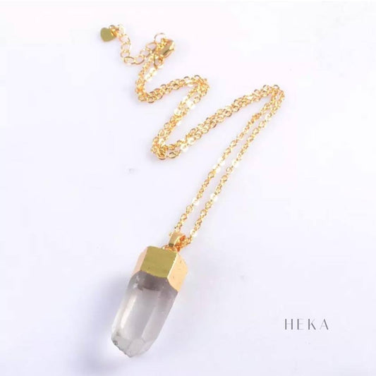 Natural White Quartz Pointed Necklace -  24k Gold Plated