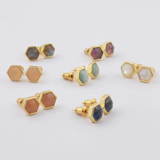 Natural Crystal Hexagon Earrings - 24K Gold Plated
