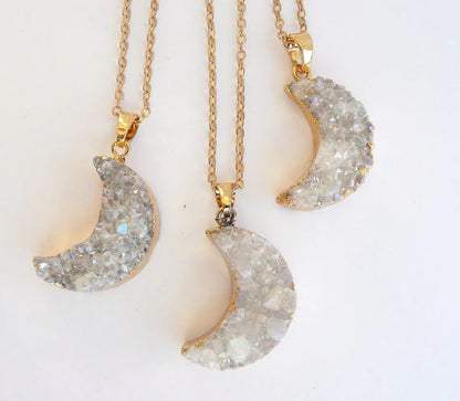 Natural White Quartz Moon Necklace + 24K Gold Plated