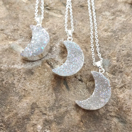 Natural White Quartz Moon Necklace + Silver Plated