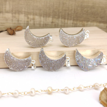 Natural White Quartz Moon Necklace + Silver Plated