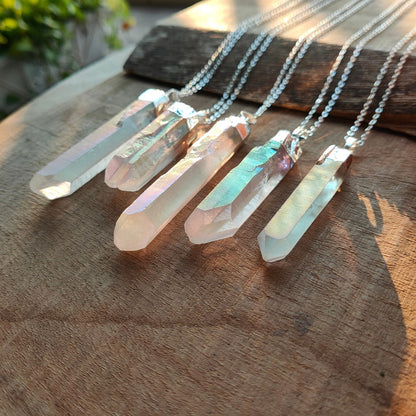 Natural White Quartz Pointed Necklace -  Silver Plated
