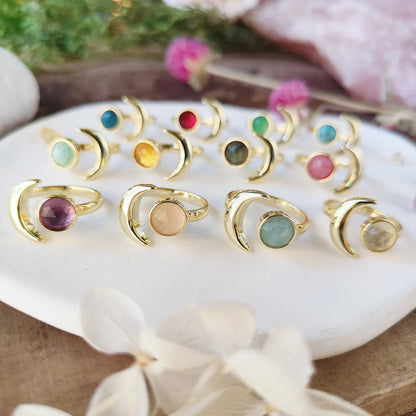 Natural Crystals Moon Ring-  24k Gold Plated