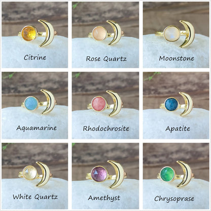 Natural Crystals Moon Ring-  24k Gold Plated