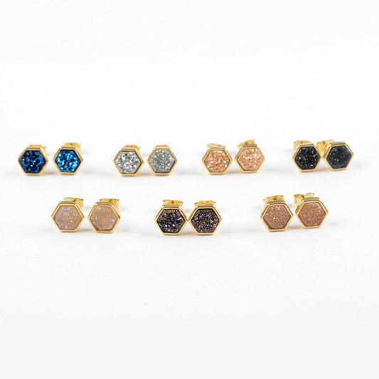 Hexagon Natural Quartz Earrings - 24K Gold Plated