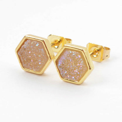 Hexagon Natural Quartz Earrings - 24K Gold Plated