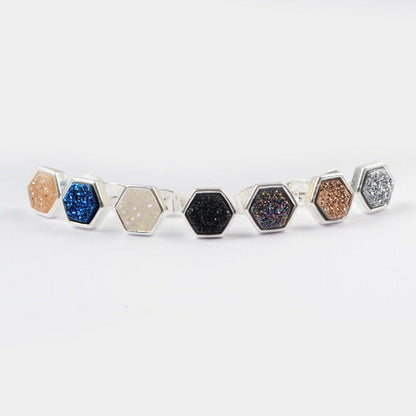 Hexagon Natural Quartz Earrings - Silver Plated