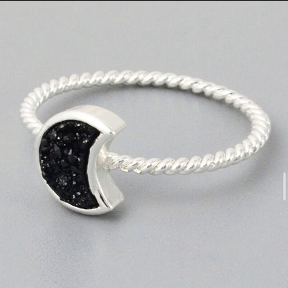 Natural Quartz Moon Bezel Ring- Silver Plated