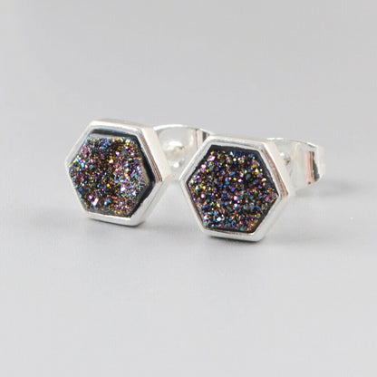 Hexagon Natural Quartz Earrings - Silver Plated