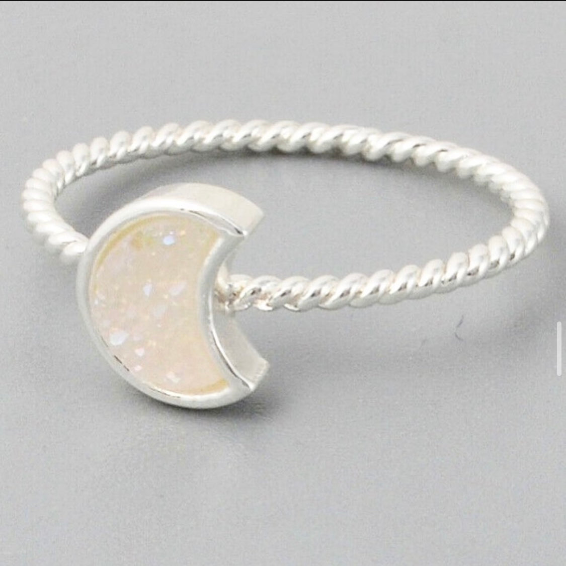 Natural Quartz Moon Bezel Ring- Silver Plated