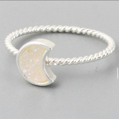 Natural Quartz Moon Bezel Ring- Silver Plated