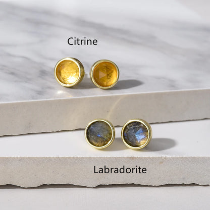 Round Faceted Natural Quartz Earrings - 24K Gold Plated