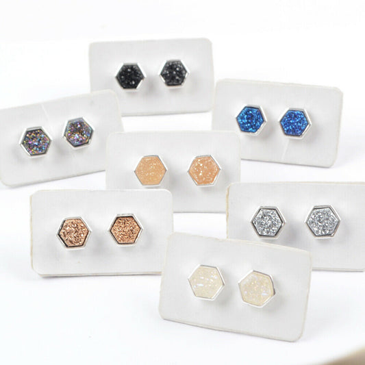 Hexagon Natural Quartz Earrings - Silver Plated
