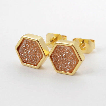 Hexagon Natural Quartz Earrings - 24K Gold Plated