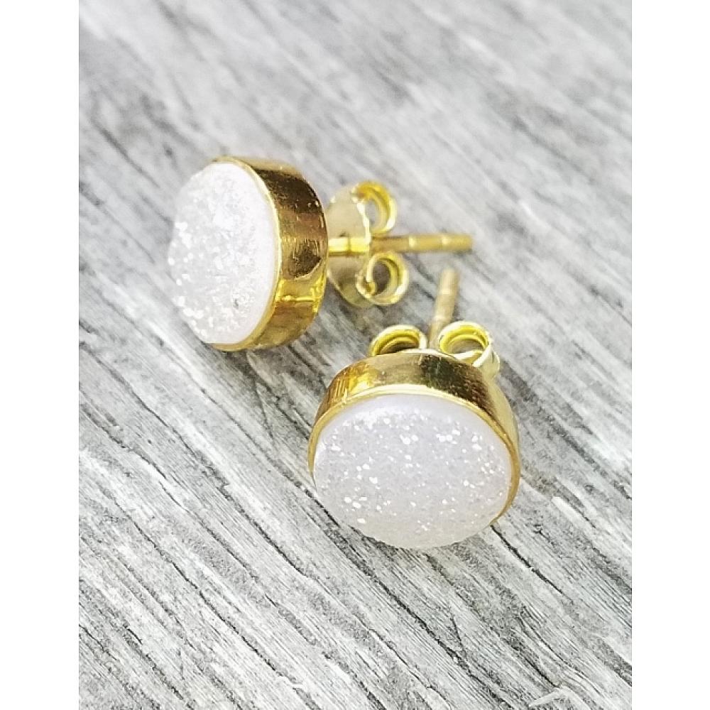 Round Natural Quartz Earrings - 24K Gold Plated