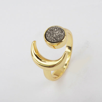 Natural Quartz Moon Ring-  24k Gold Plated