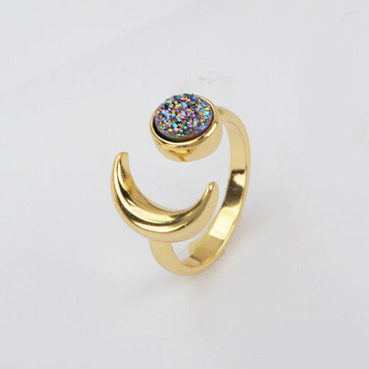 Natural Quartz Moon Ring-  24k Gold Plated