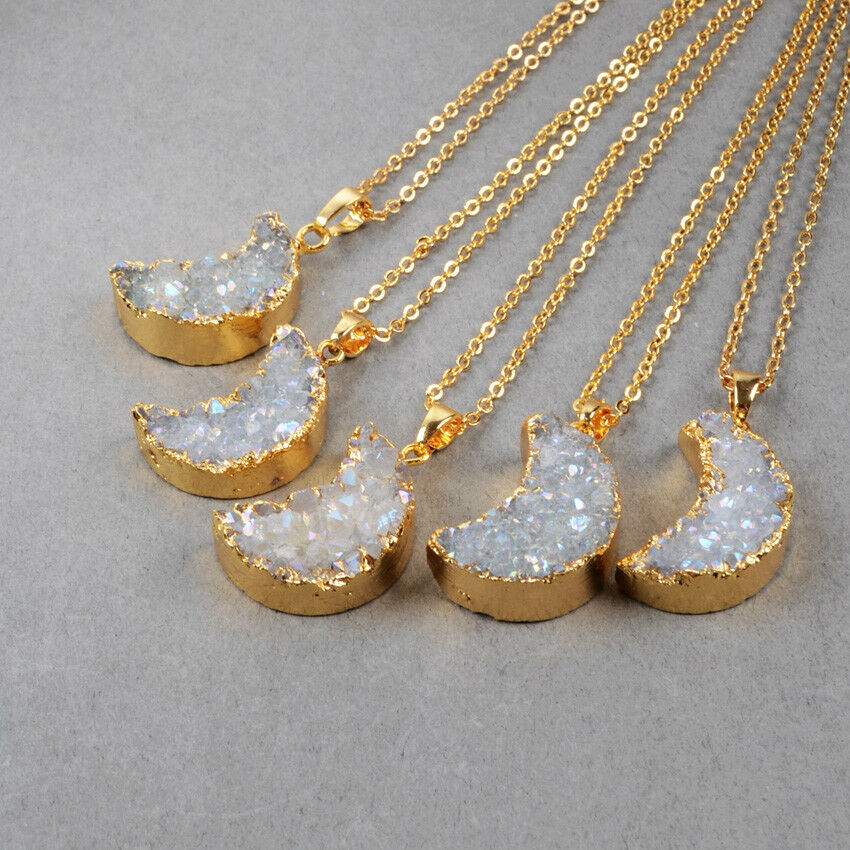 Natural White Quartz Moon Necklace + 24K Gold Plated