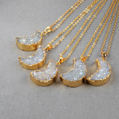Natural White Quartz Moon Necklace + 24K Gold Plated