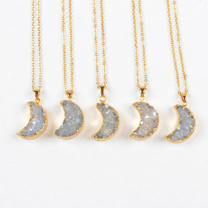 Natural White Quartz Moon Necklace + 24K Gold Plated
