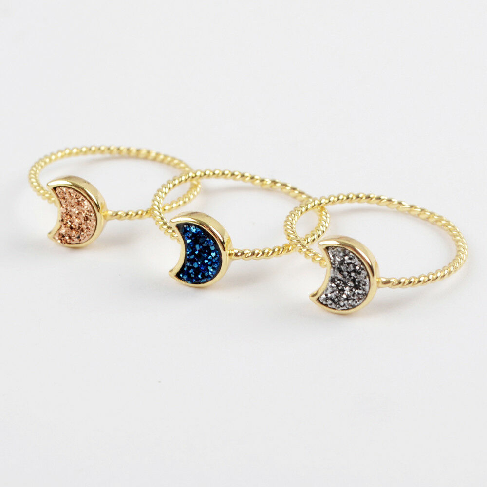 Natural Quartz Moon Bezel Ring- 24K Gold Plated