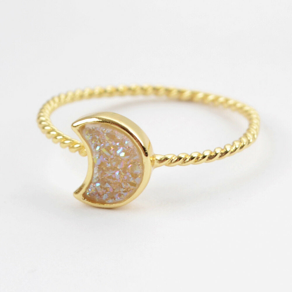 Natural Quartz Moon Bezel Ring- 24K Gold Plated