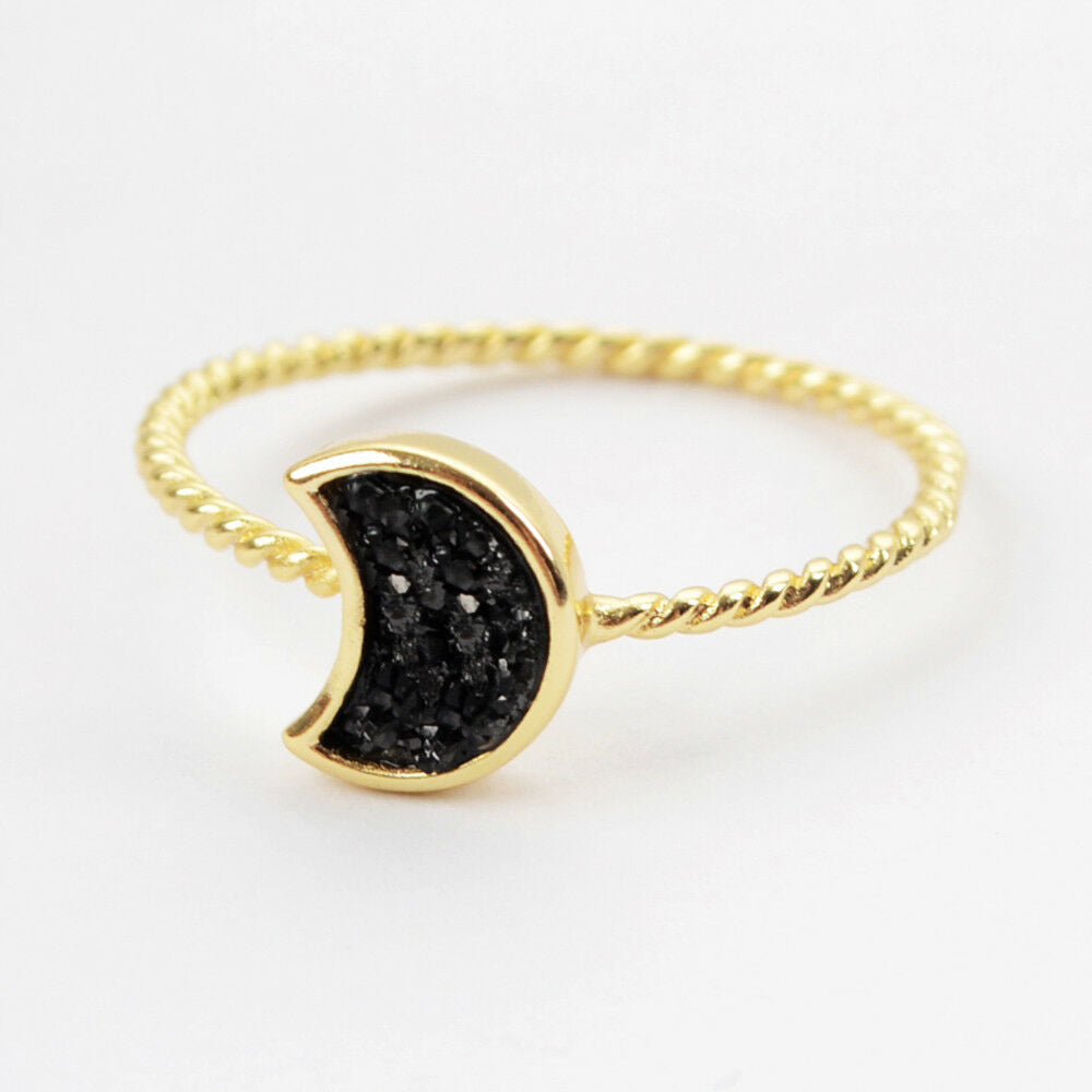 Natural Quartz Moon Bezel Ring- 24K Gold Plated